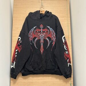 Drop Dead Distressed Dragon Graphic Hoodie Washed Black Red Gothic Mens 2XL
